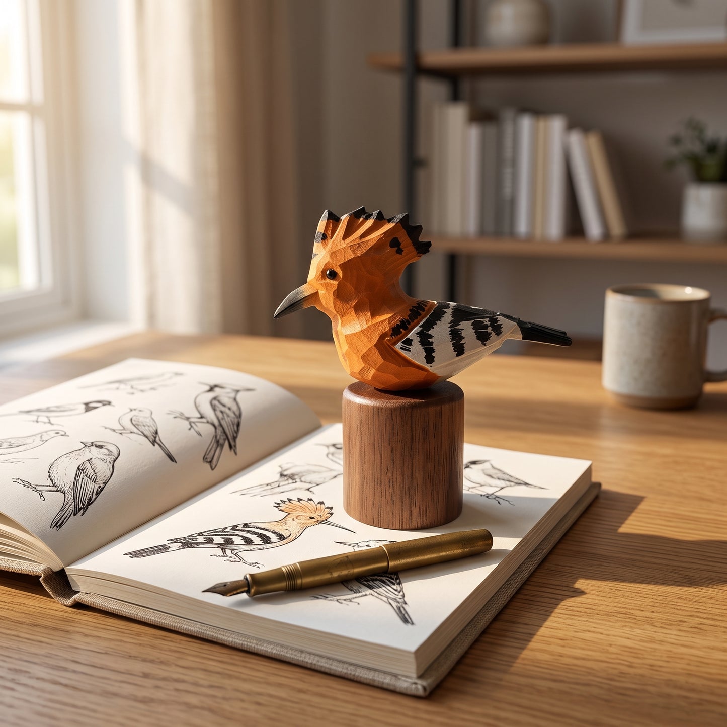 Hand Carved & Hand Painted Hoopoe Figurine | Basswood with Black Walnut Base
