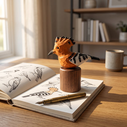Hand Carved & Hand Painted Hoopoe Figurine | Basswood with Black Walnut Base