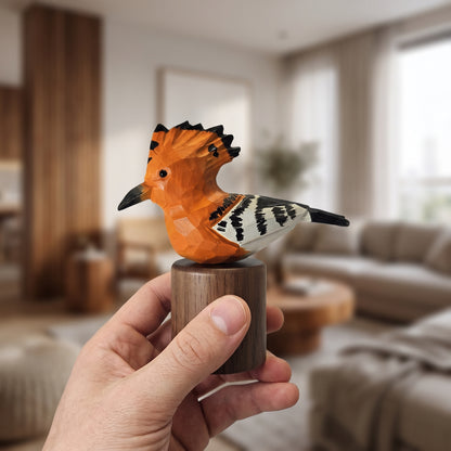 Hand Carved & Hand Painted Hoopoe Figurine | Basswood with Black Walnut Base