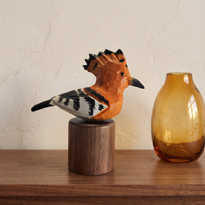 Hand Carved & Hand Painted Hoopoe Figurine | Basswood with Black Walnut Base
