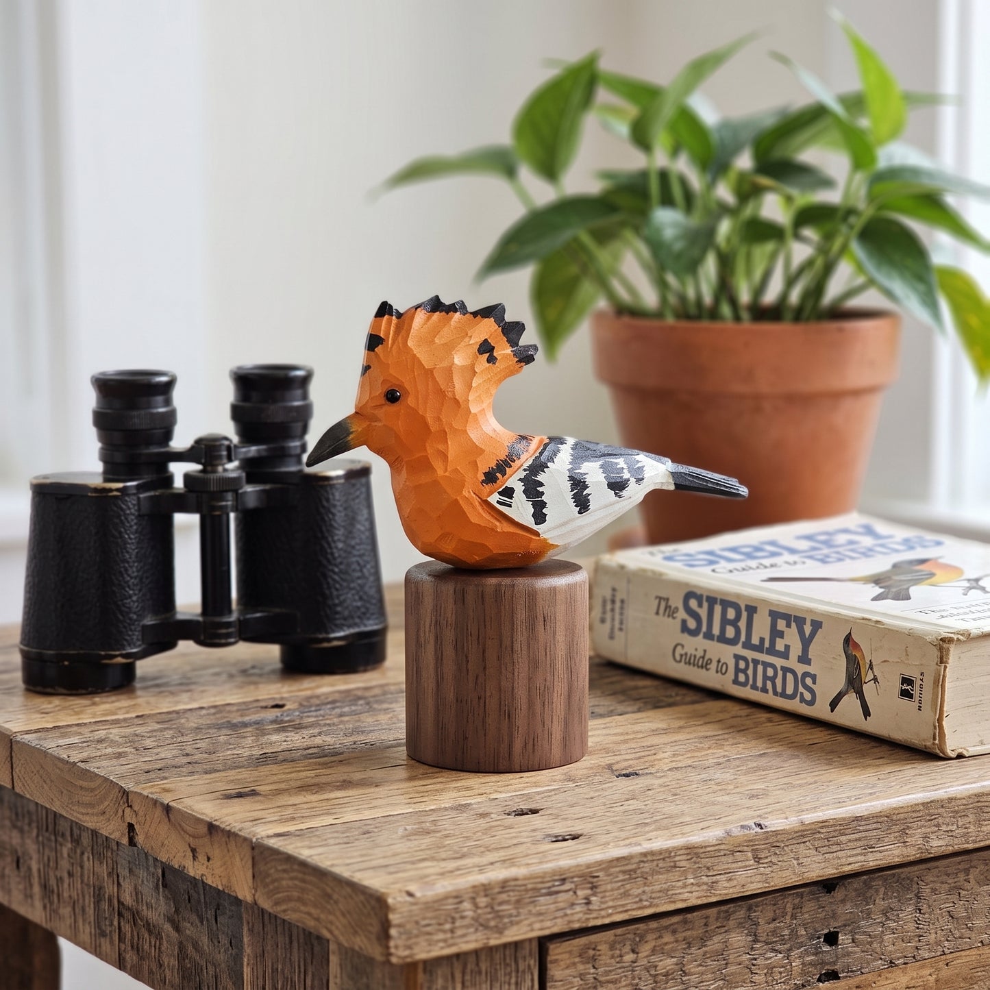 Hand Carved & Hand Painted Hoopoe Figurine | Basswood with Black Walnut Base
