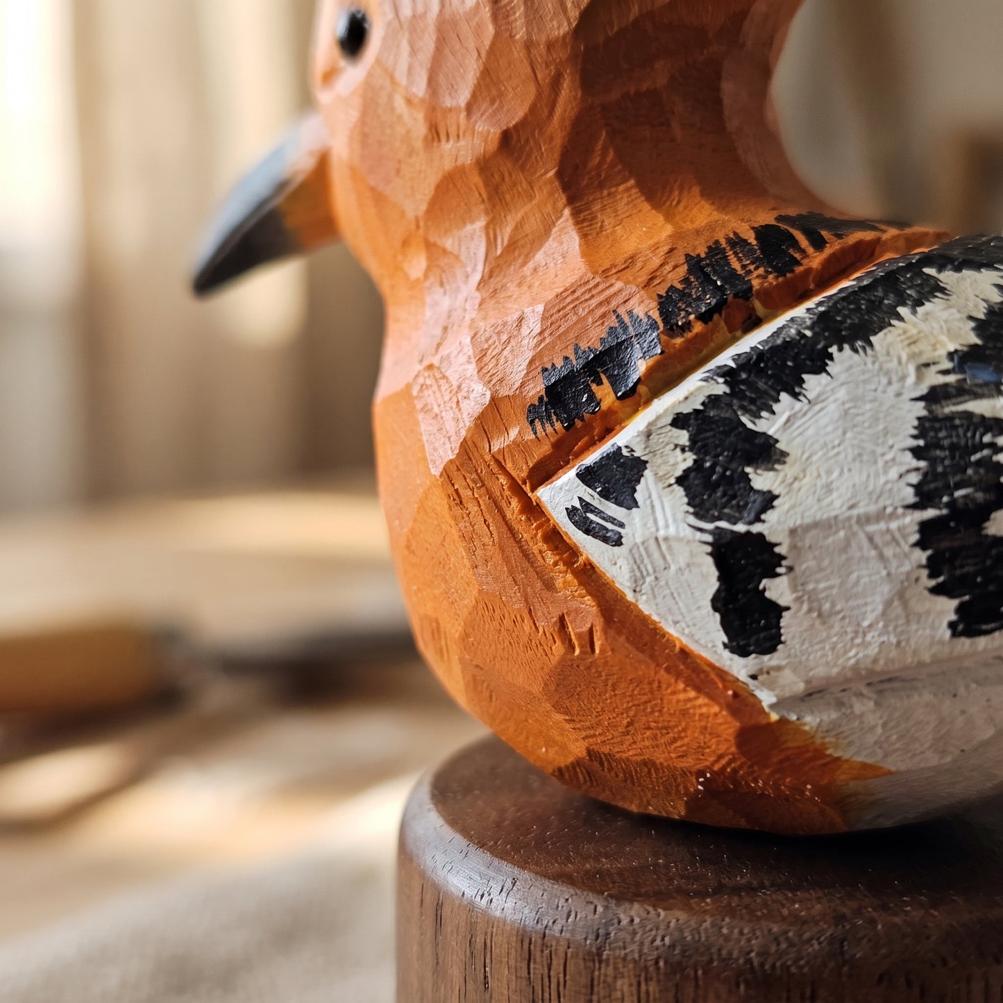 Hand Carved & Hand Painted Hoopoe Figurine | Basswood with Black Walnut Base