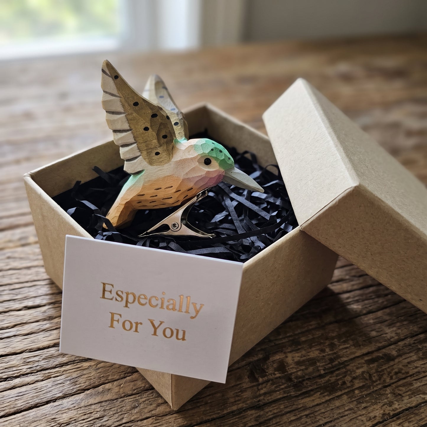 Hand-Carved Hummingbird Clip-On Bird Ornament | Basswood | 4" Handmade Wood Sculpture | 4 Colours