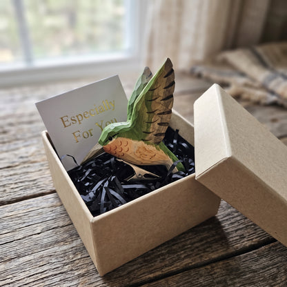 Hand-Carved Hummingbird Clip-On Bird Ornament | Basswood | 4" Handmade Wood Sculpture | 4 Colours