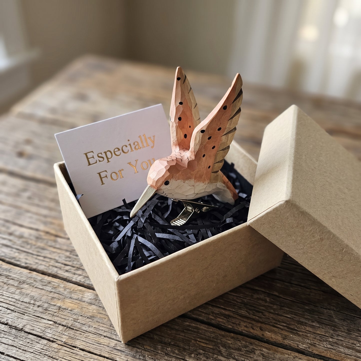 Hand-Carved Hummingbird Clip-On Bird Ornament | Basswood | 4" Handmade Wood Sculpture | 4 Colours