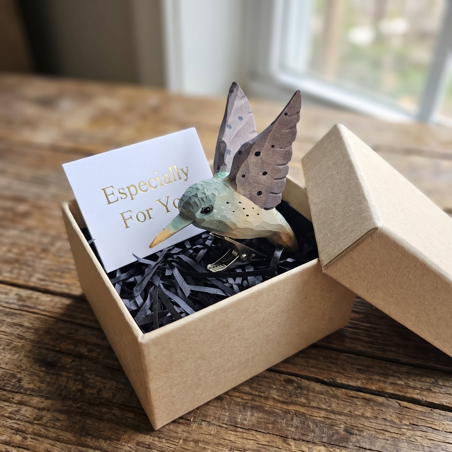 Hand-Carved Hummingbird Clip-On Bird Ornament | Basswood | 4" Handmade Wood Sculpture | 4 Colours