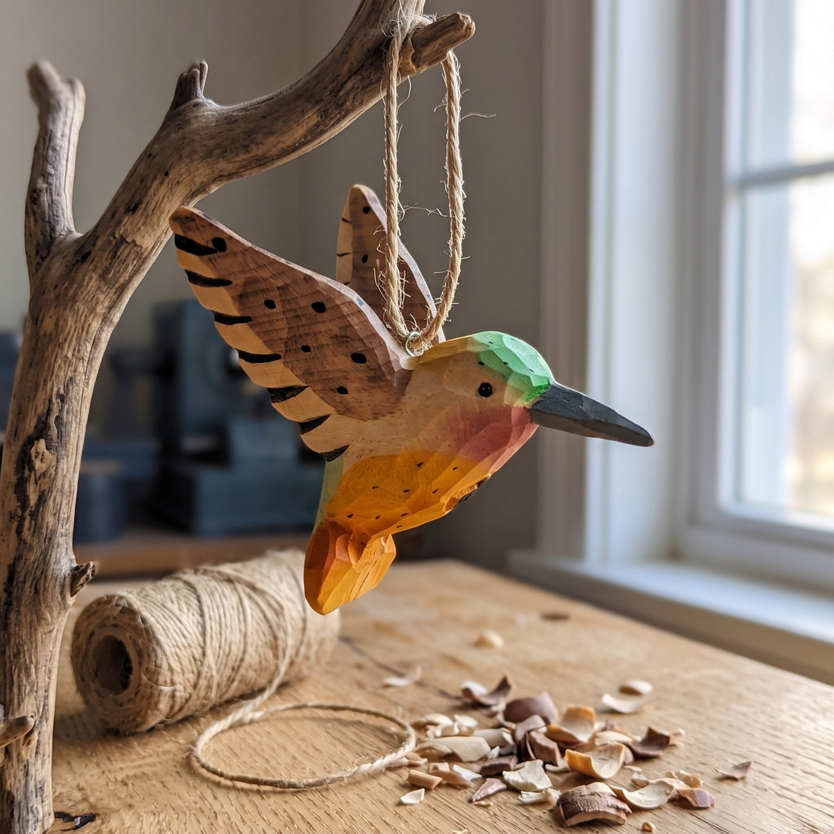 Hand-carved wooden hummingbird ornament hanging from a rustic wooden branch near a sunlit window.