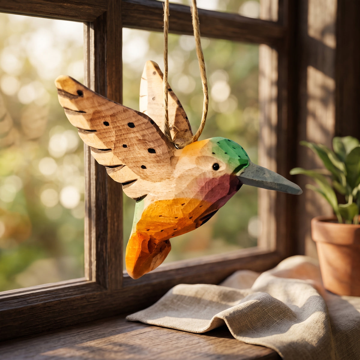 Hand-carved wooden hummingbird hanging ornament suspended in front of a sunlit window.