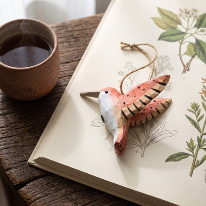 Hand-carved pink wooden hummingbird ornament resting on an open botanical book next to a teacup on a rustic wooden table.
