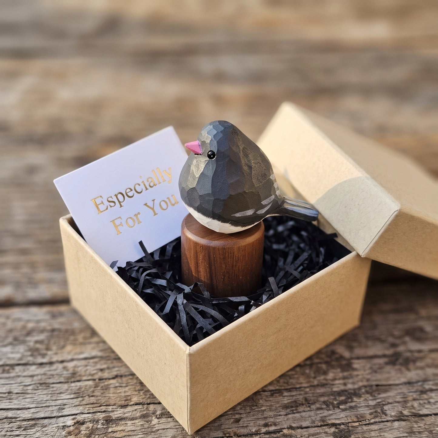 Hand Carved & Hand Painted Dark-eyed Junco Figurine | Basswood with Black Walnut Base
