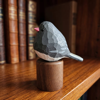 Hand Carved & Hand Painted Dark-eyed Junco Figurine | Basswood with Black Walnut Base