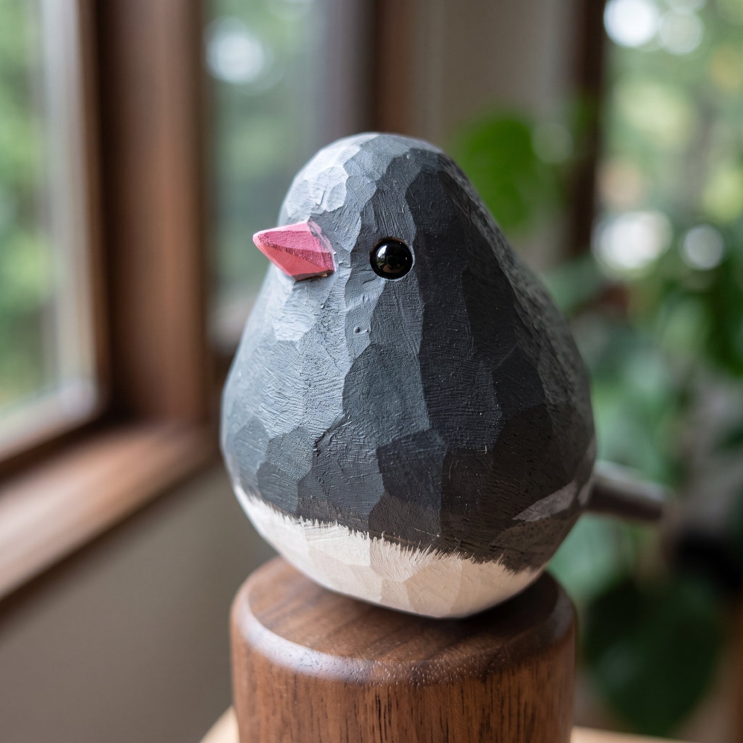 Hand Carved & Hand Painted Dark-eyed Junco Figurine | Basswood with Black Walnut Base
