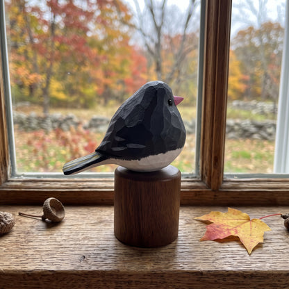 Hand Carved & Hand Painted Dark-eyed Junco Figurine | Basswood with Black Walnut Base