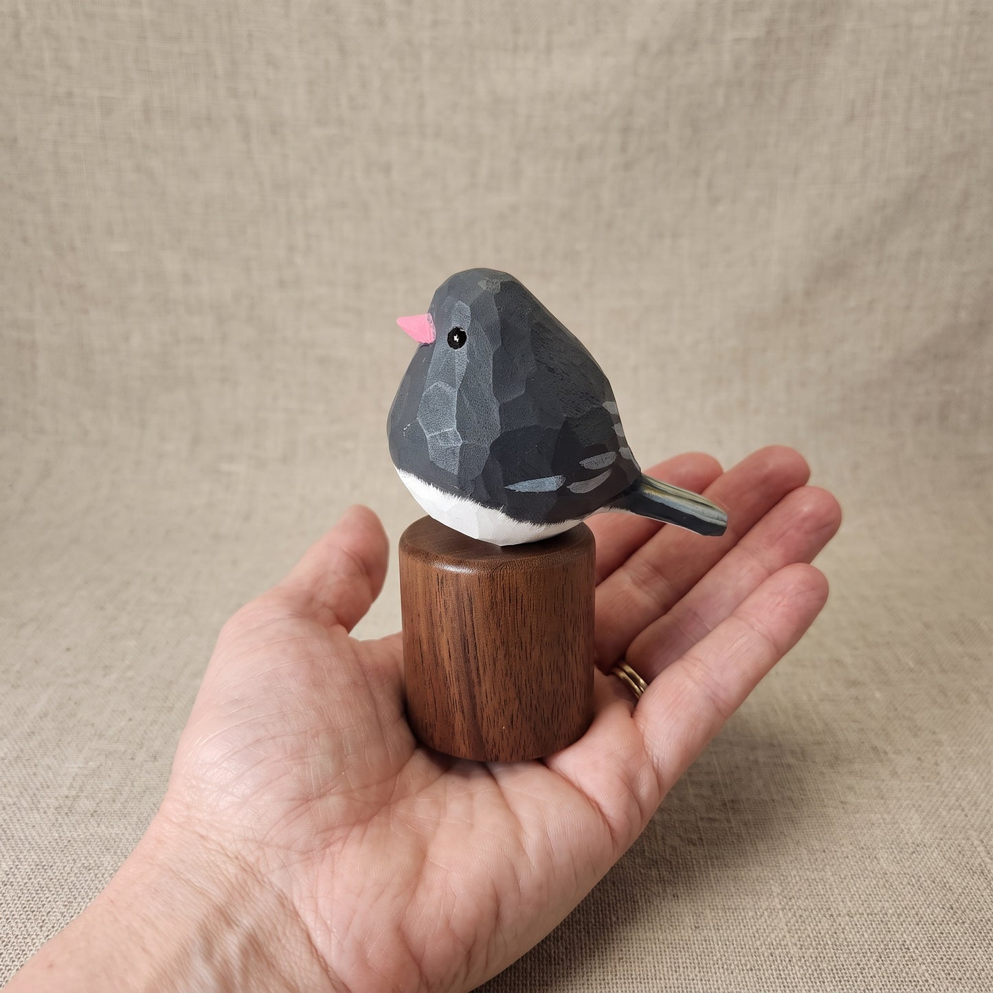 Hand Carved & Hand Painted Dark-eyed Junco Figurine | Basswood with Black Walnut Base