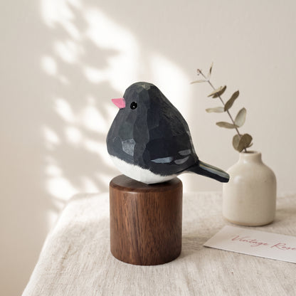 Hand Carved & Hand Painted Dark-eyed Junco Figurine | Basswood with Black Walnut Base
