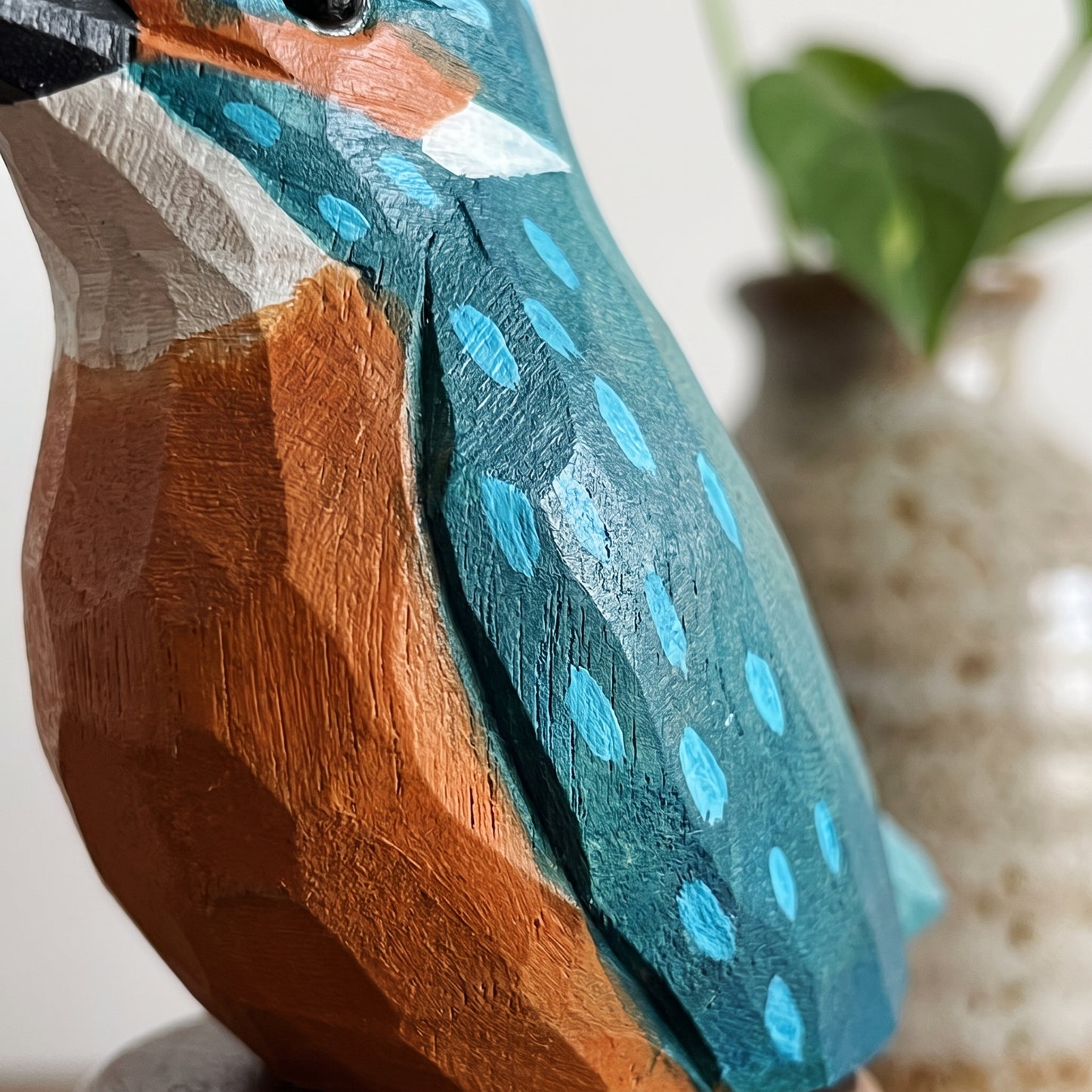 Hand Carved & Hand Painted Kingfisher Figurine | Basswood with Black Walnut Base