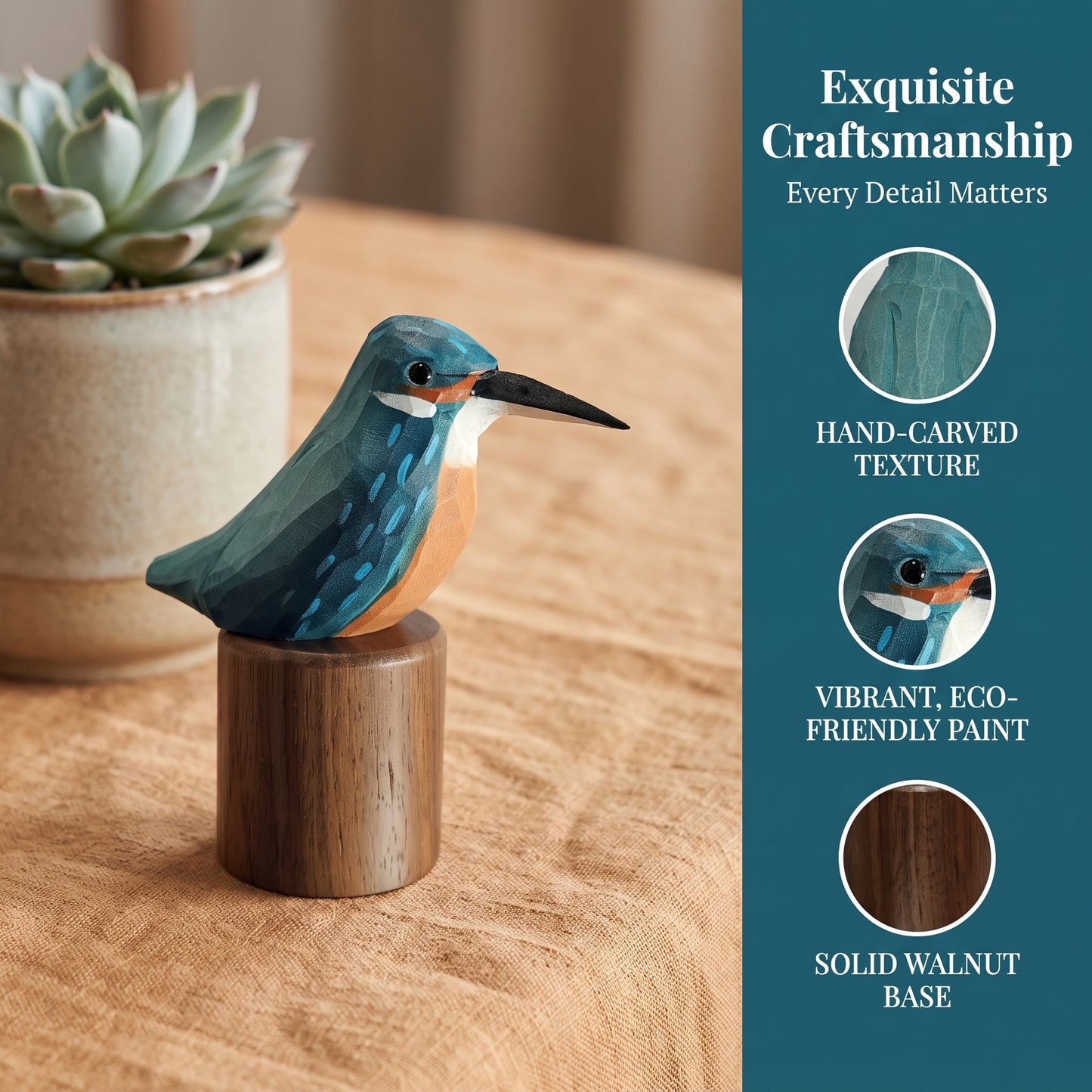 Hand Carved & Hand Painted Kingfisher Figurine | Basswood with Black Walnut Base