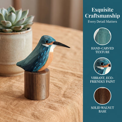 Hand Carved & Hand Painted Kingfisher Figurine | Basswood with Black Walnut Base