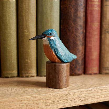 Hand Carved & Hand Painted Kingfisher Figurine | Basswood with Black Walnut Base