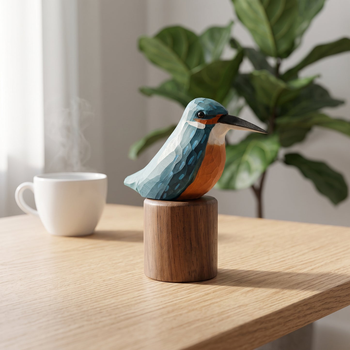 Hand Carved & Hand Painted Kingfisher Figurine | Basswood with Black Walnut Base