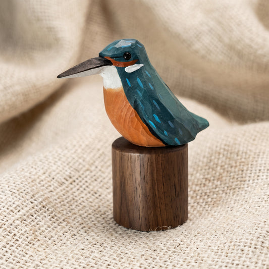 Hand Carved & Hand Painted Kingfisher Figurine | Basswood with Black Walnut Base