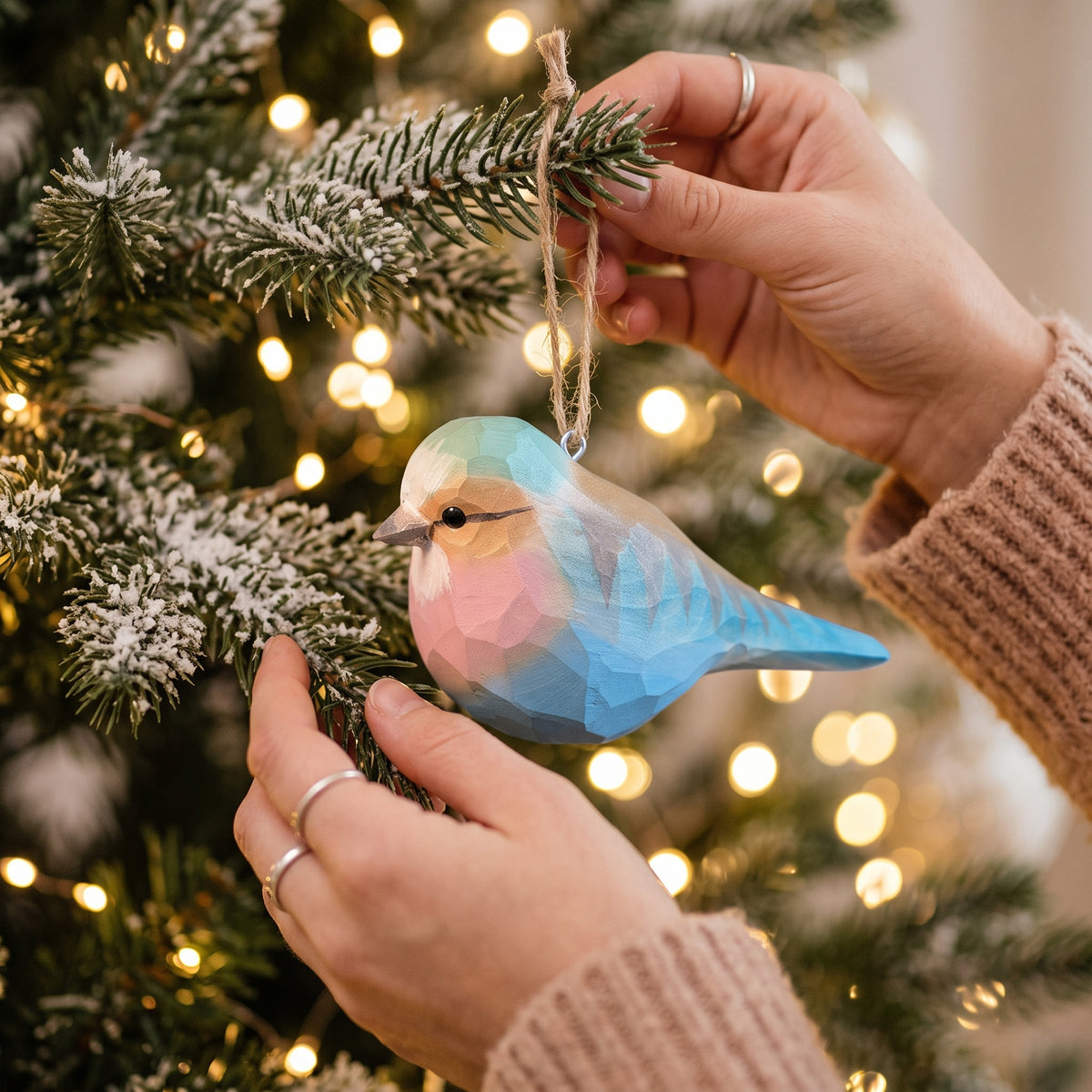 Hands hanging a hand-carved basswood Lilac-Breasted Roller ornament on a lighted Christmas tree branch