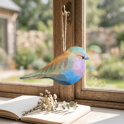 Hand-carved basswood Lilac-Breasted Roller ornament hanging by twine near a sunlit window with an open book