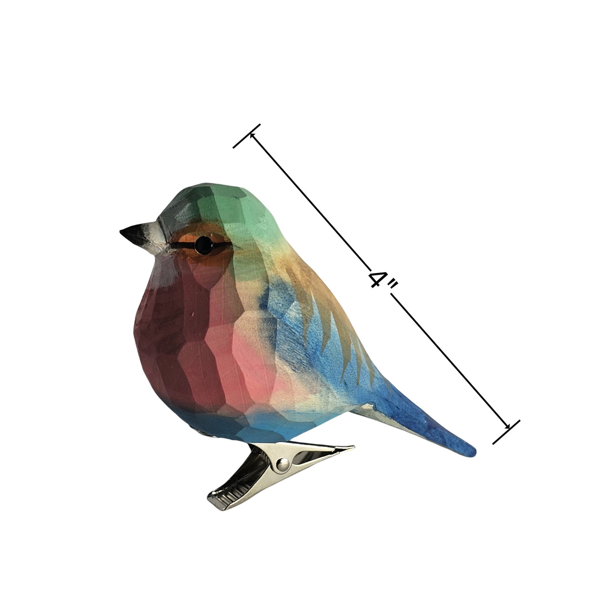 Side profile view of a hand-carved, hand-painted wooden Lilac-Breasted Roller bird clip-on ornament mounted on a metal spring clip against a plain white background, with a dimension line indicating a length of 4 inches.