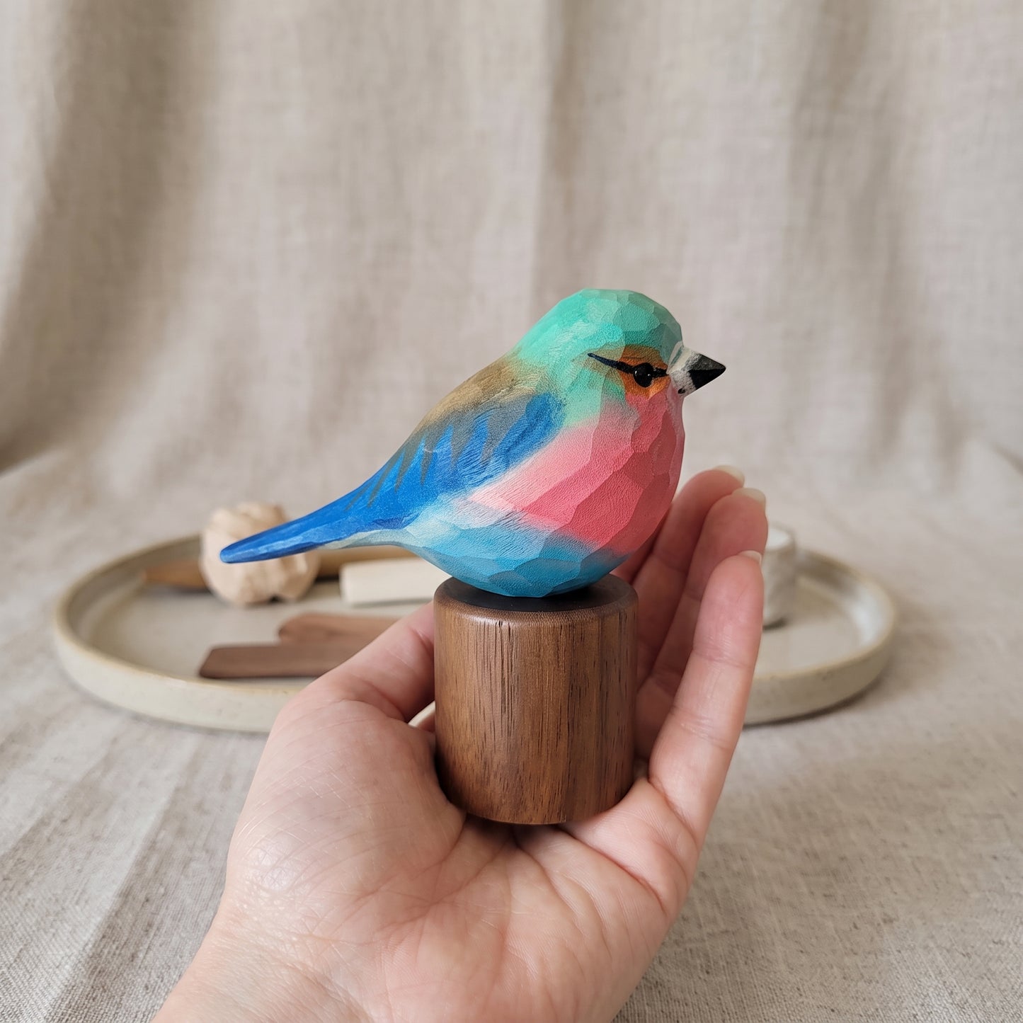 Hand Carved & Hand Painted Lilac-breasted Roller Figurine | Basswood with Black Walnut Base