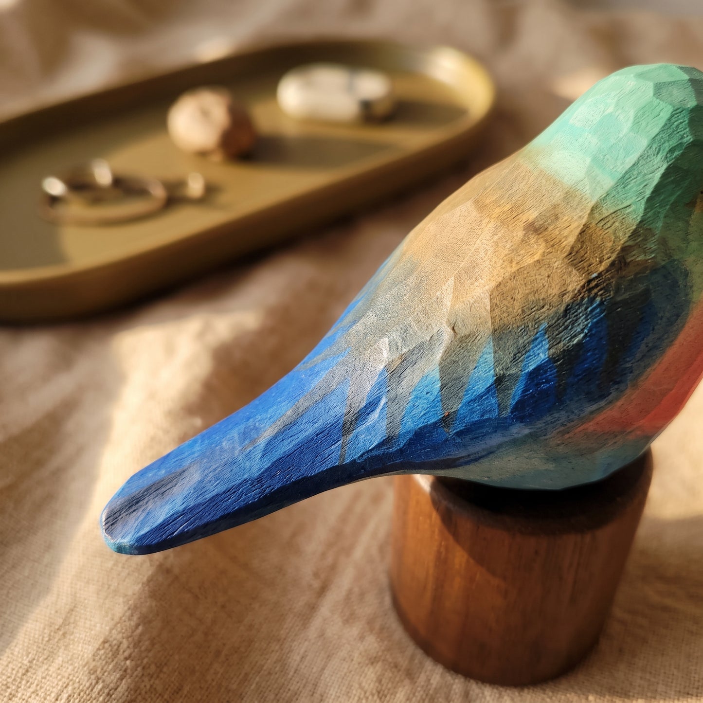 Hand Carved & Hand Painted Lilac-breasted Roller Figurine | Basswood with Black Walnut Base