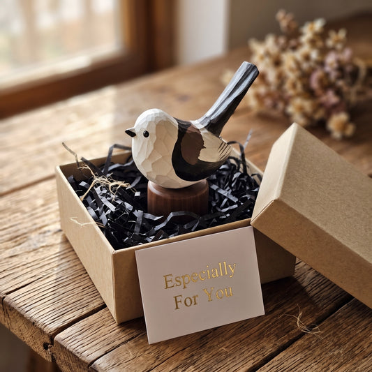 Hand Carved & Hand Painted Long-tailed Tit Figurine V2 | Basswood with Black Walnut Base