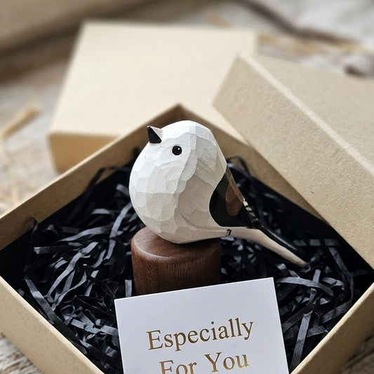 Hand Carved & Hand Painted Long-tailed Tit Figurine V1 | Basswood with Black Walnut Base