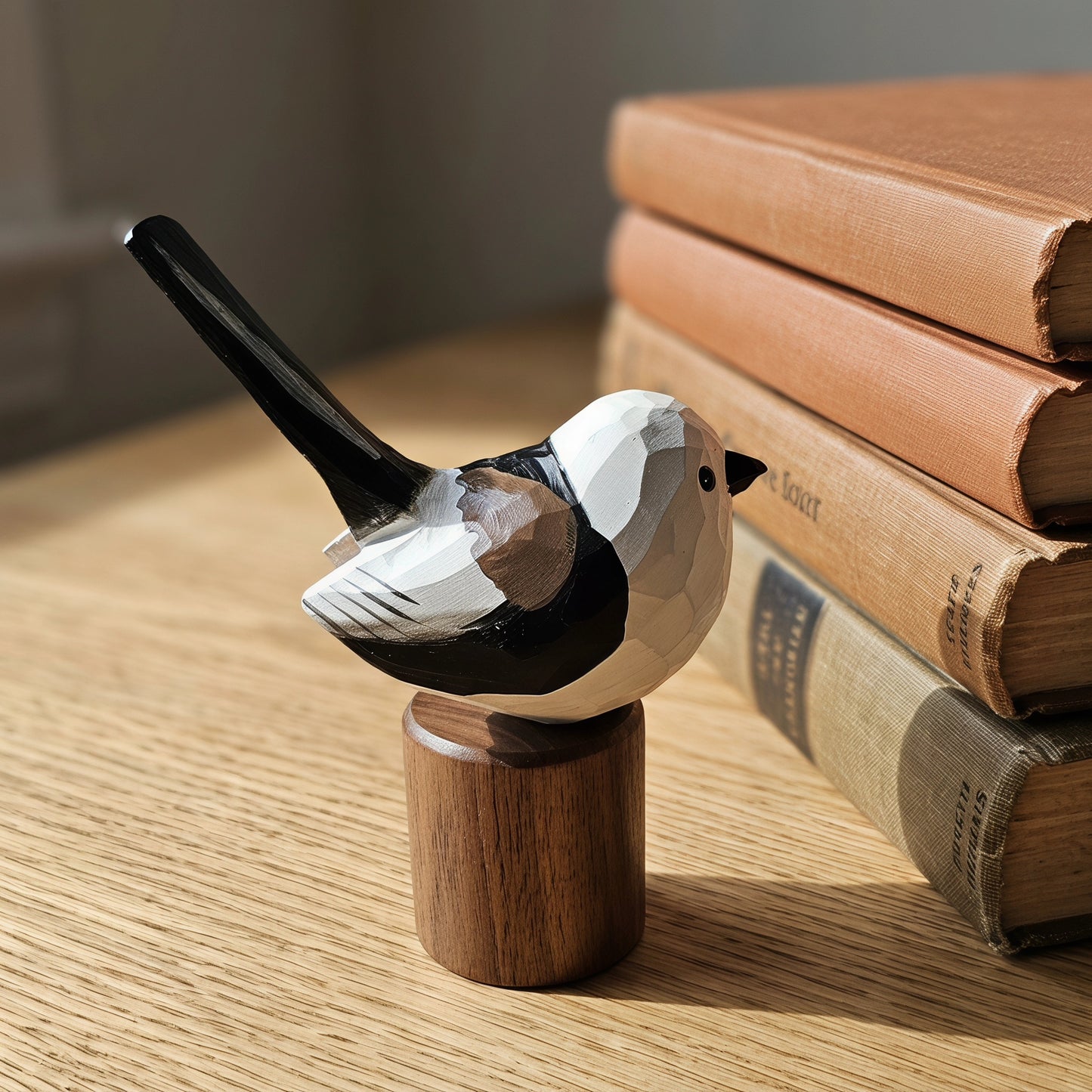 Hand Carved & Hand Painted Long-tailed Tit Figurine V2 | Basswood with Black Walnut Base