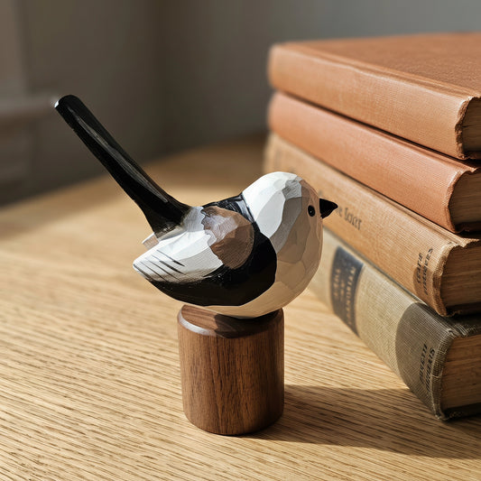 Hand Carved & Hand Painted Long-tailed Tit Figurine V2 | Basswood with Black Walnut Base