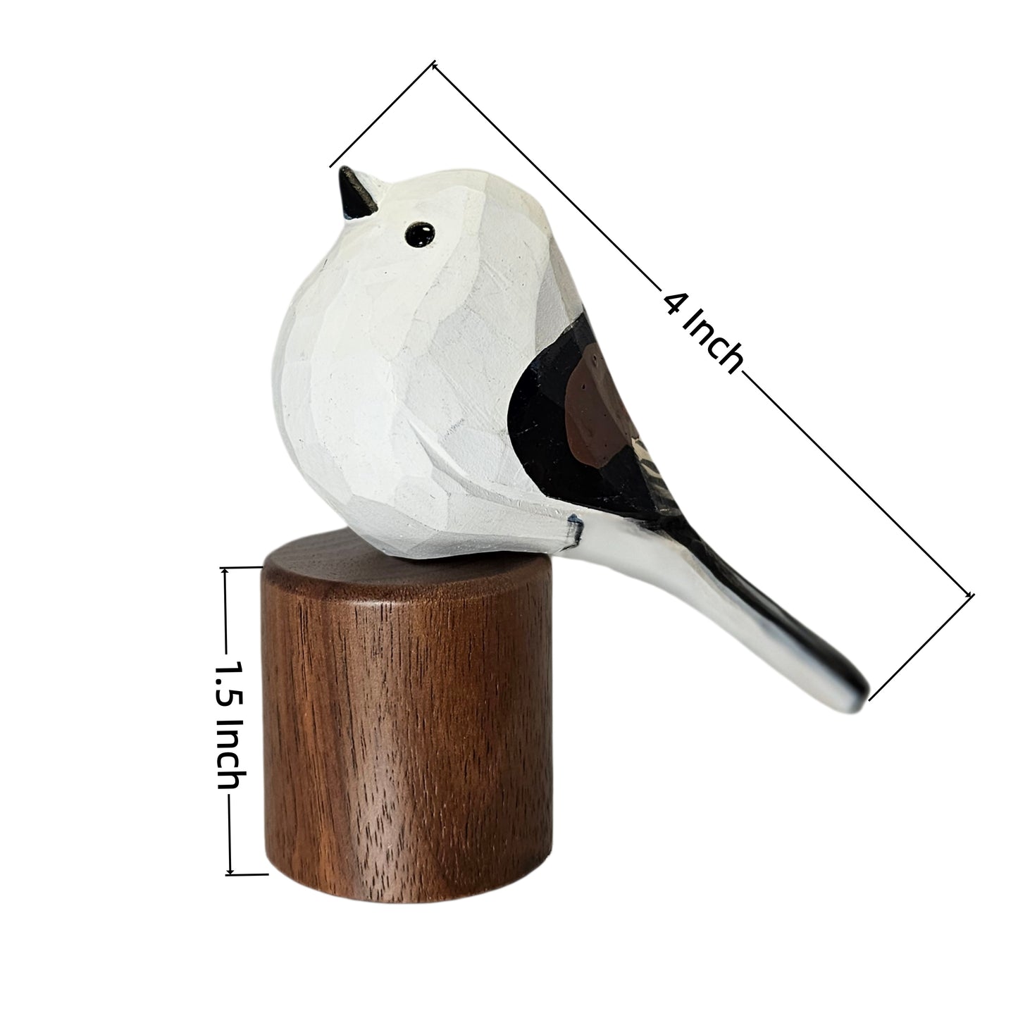 Hand Carved & Hand Painted Long-tailed Tit Figurine V1 | Basswood with Black Walnut Base