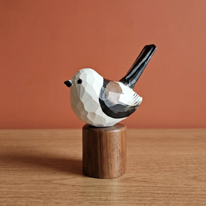 Hand Carved & Hand Painted Long-tailed Tit Figurine V2 | Basswood with Black Walnut Base