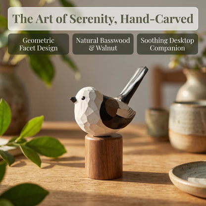 Hand Carved & Hand Painted Long-tailed Tit Figurine V2 | Basswood with Black Walnut Base