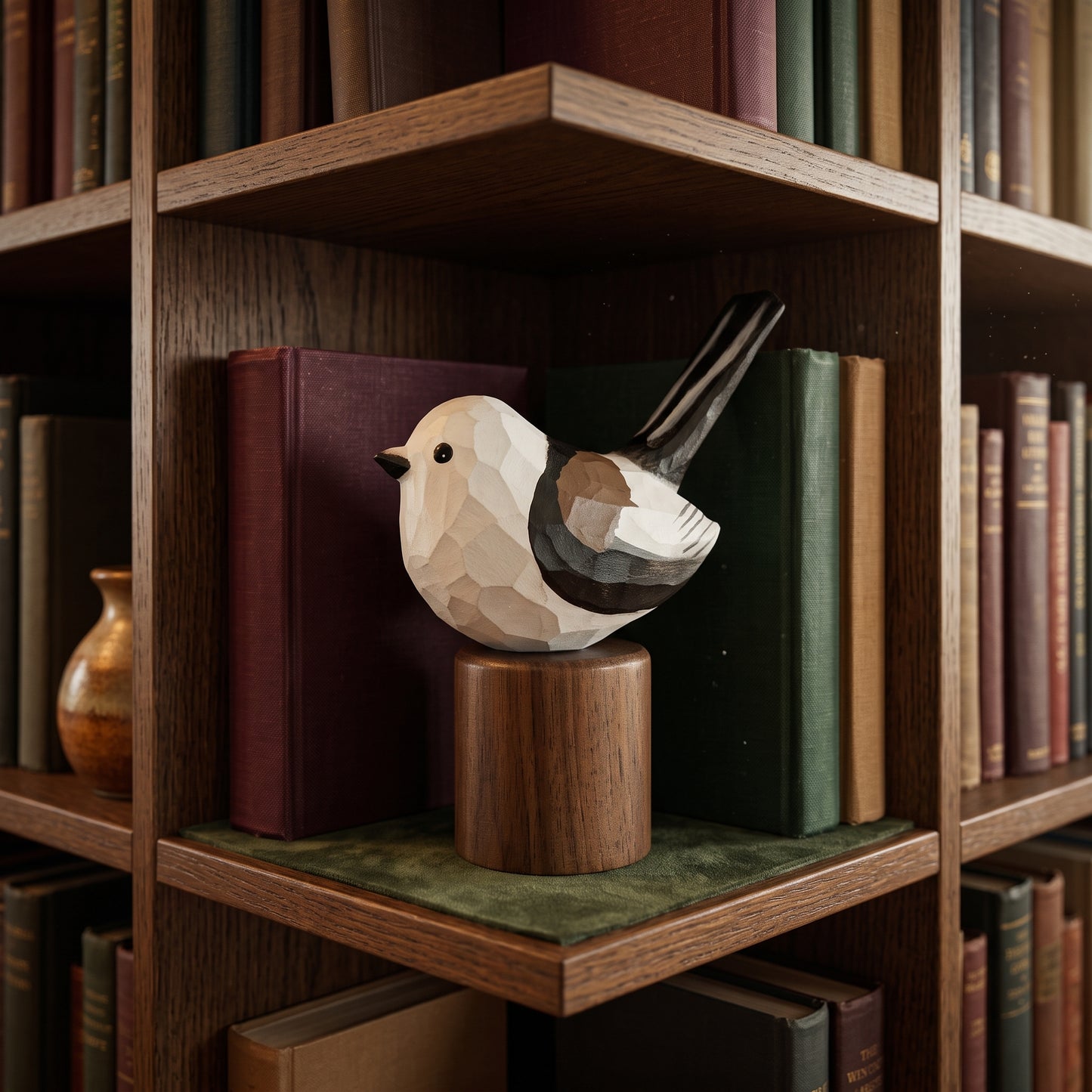 Hand Carved & Hand Painted Long-tailed Tit Figurine V2 | Basswood with Black Walnut Base