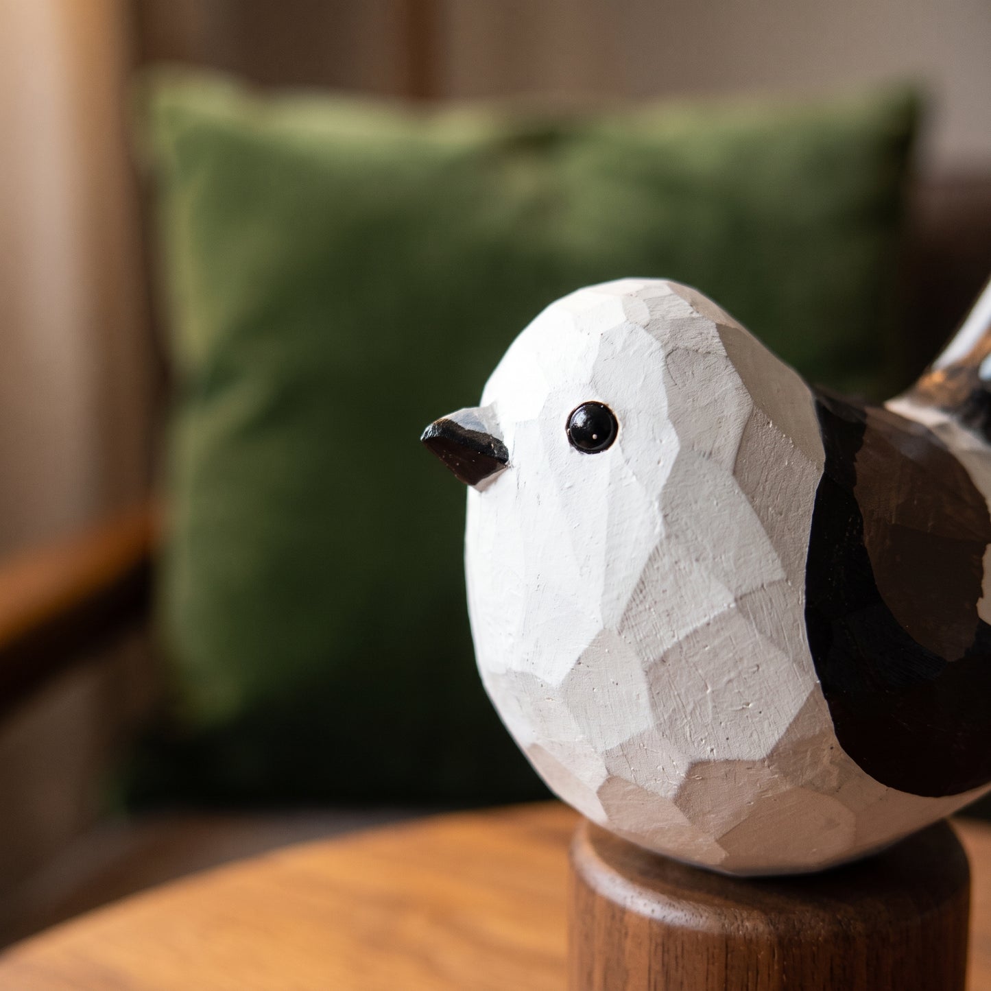 Hand Carved & Hand Painted Long-tailed Tit Figurine V2 | Basswood with Black Walnut Base