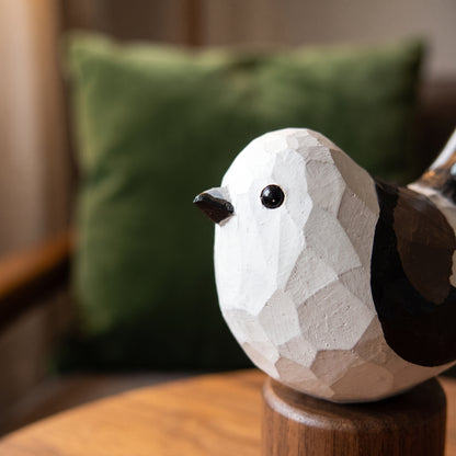 Hand Carved & Hand Painted Long-tailed Tit Figurine V2 | Basswood with Black Walnut Base