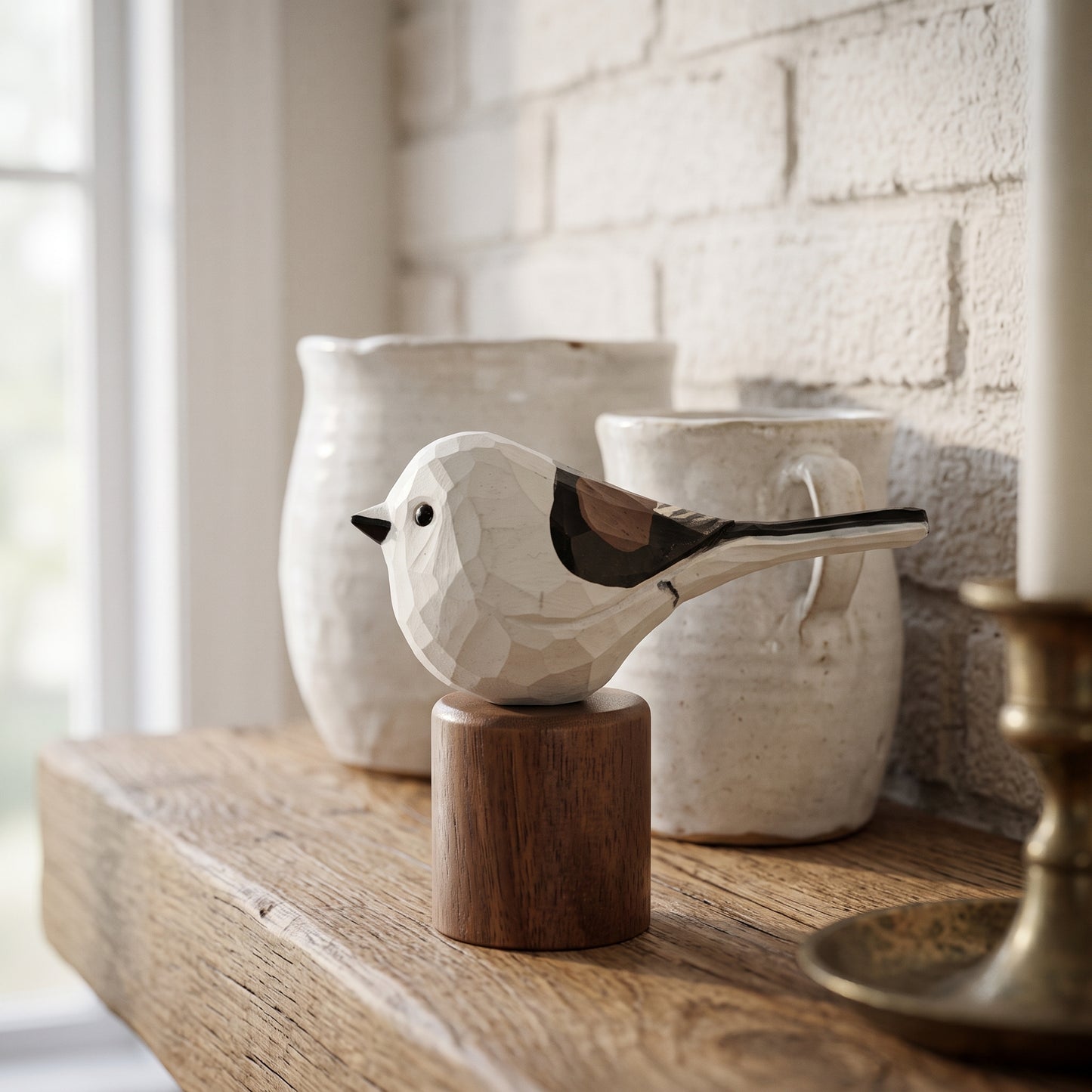 Hand Carved & Hand Painted Long-tailed Tit Figurine V1 | Basswood with Black Walnut Base