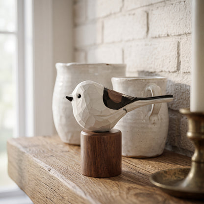 Hand Carved & Hand Painted Long-tailed Tit Figurine V1 | Basswood with Black Walnut Base