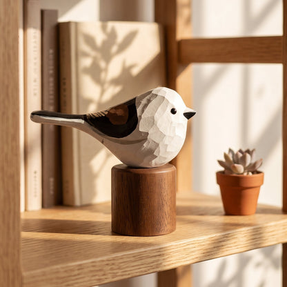 A geometric bird figurine with a faceted white, black, and brown body sits on a round wooden pedestal on a light oak shelf, with books and a small succulent in the background.