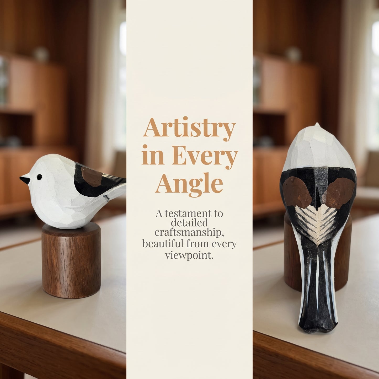 Hand Carved & Hand Painted Long-tailed Tit Figurine V1 | Basswood with Black Walnut Base