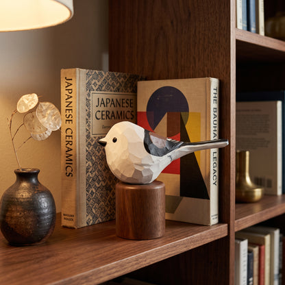 Hand Carved & Hand Painted Long-tailed Tit Figurine V1 | Basswood with Black Walnut Base