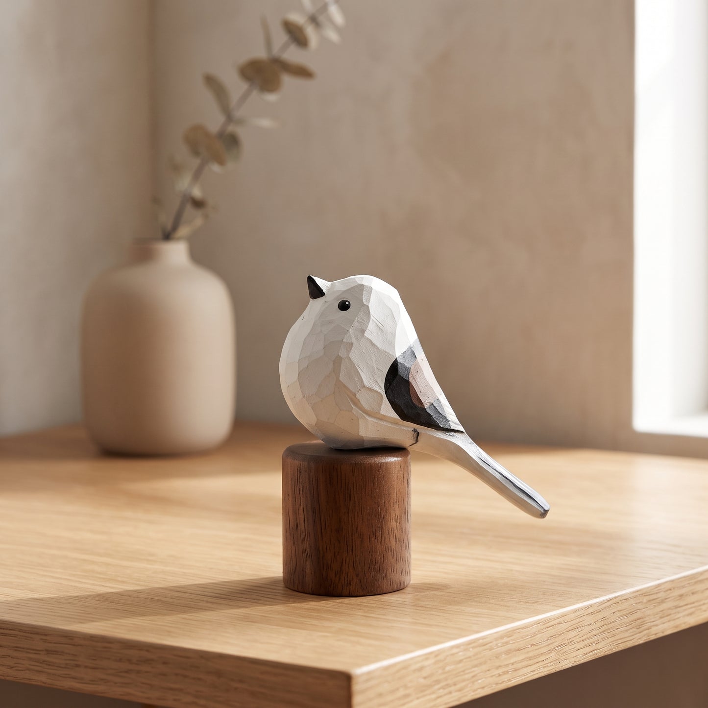 Hand Carved & Hand Painted Long-tailed Tit Figurine V1 | Basswood with Black Walnut Base