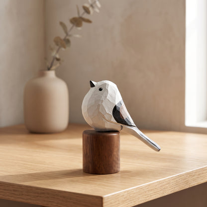 Hand Carved & Hand Painted Long-tailed Tit Figurine V1 | Basswood with Black Walnut Base
