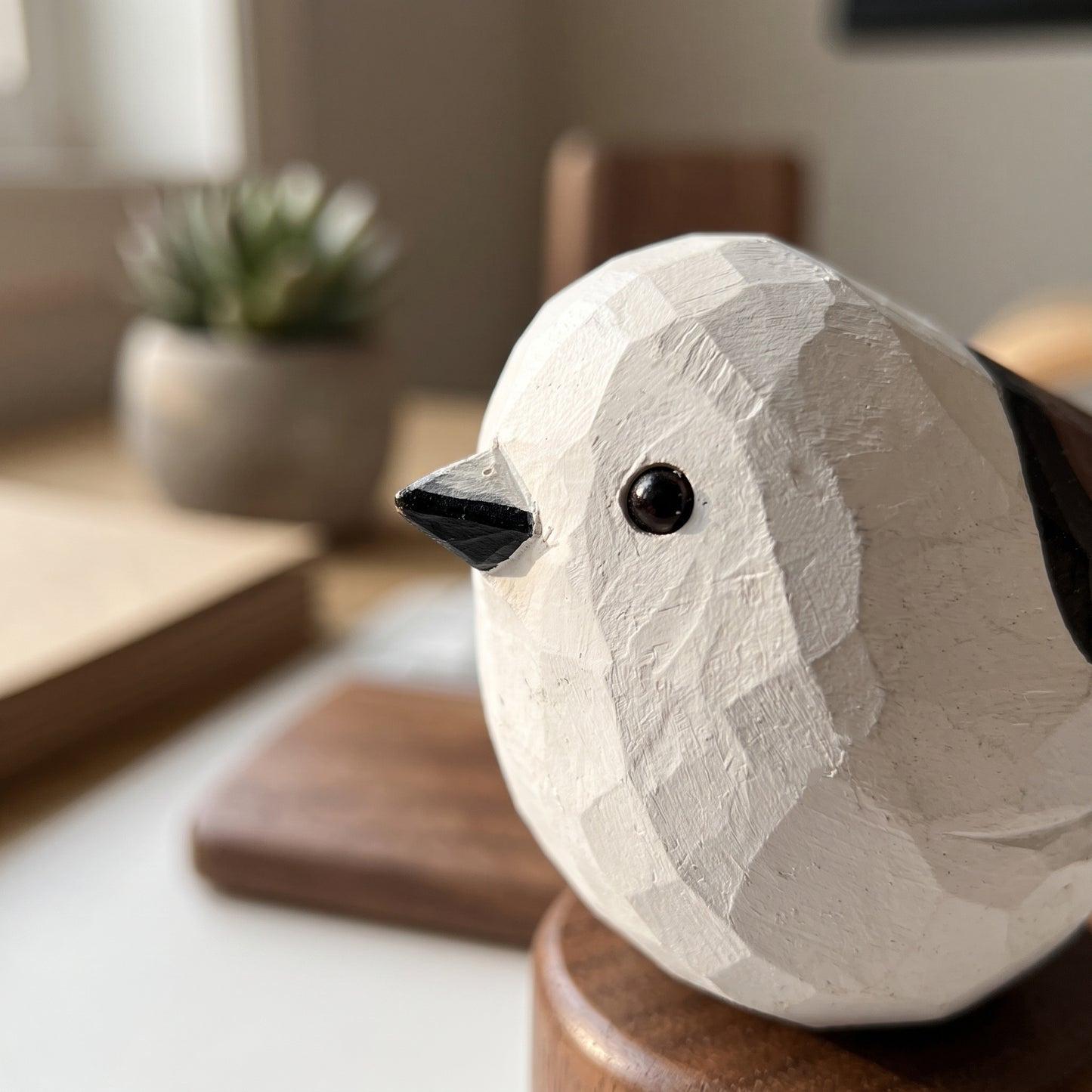 Hand Carved & Hand Painted Long-tailed Tit Figurine V1 | Basswood with Black Walnut Base