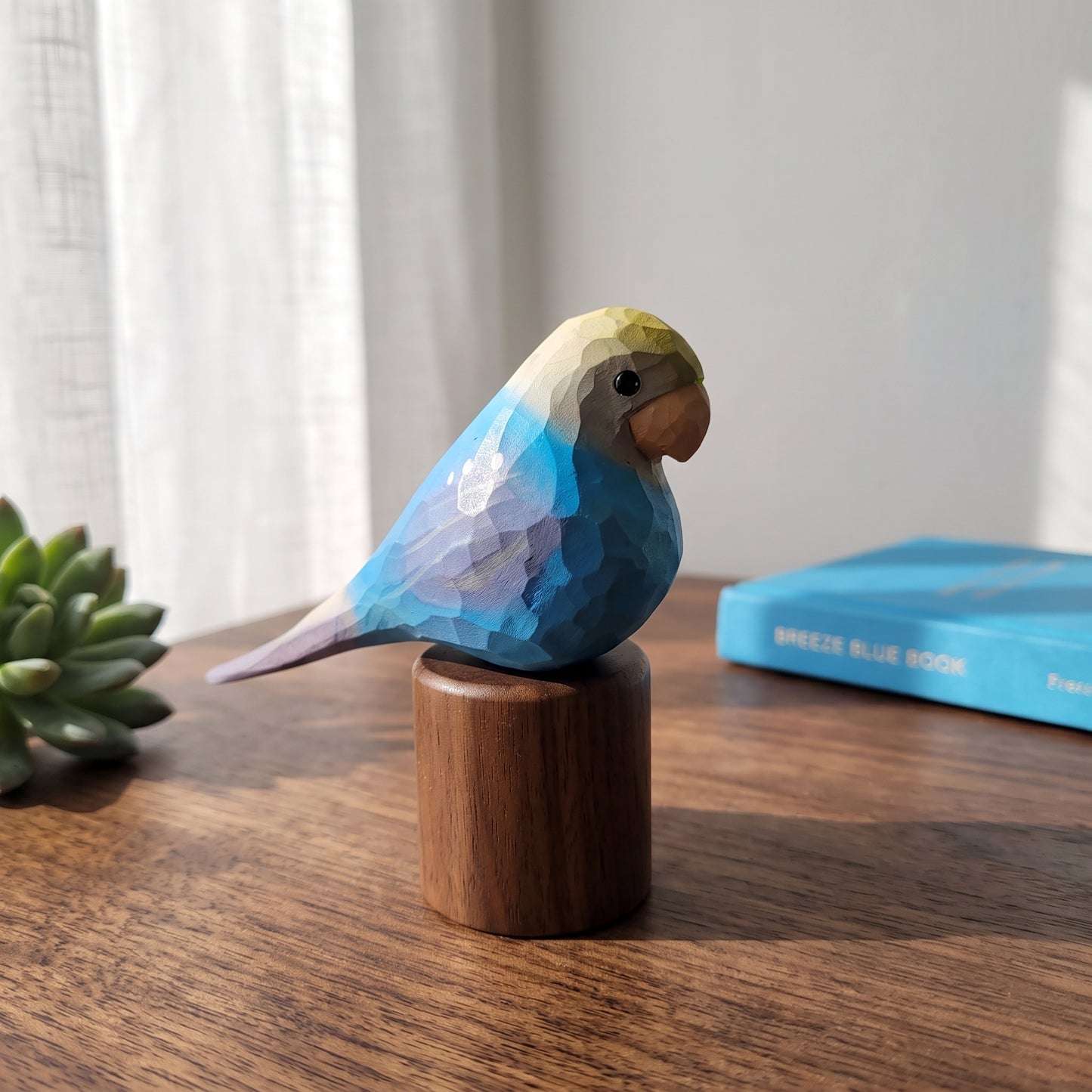Hand Carved & Hand Painted Lovebirds Figurine | Blue | Basswood with Black Walnut Base