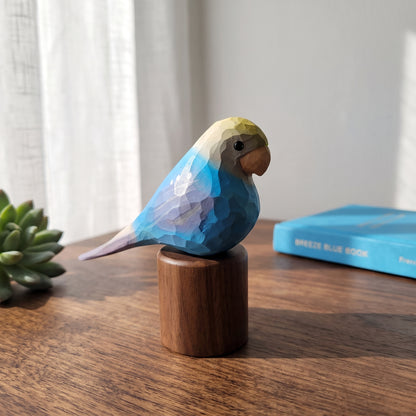 Hand Carved & Hand Painted Lovebirds Figurine | Blue | Basswood with Black Walnut Base